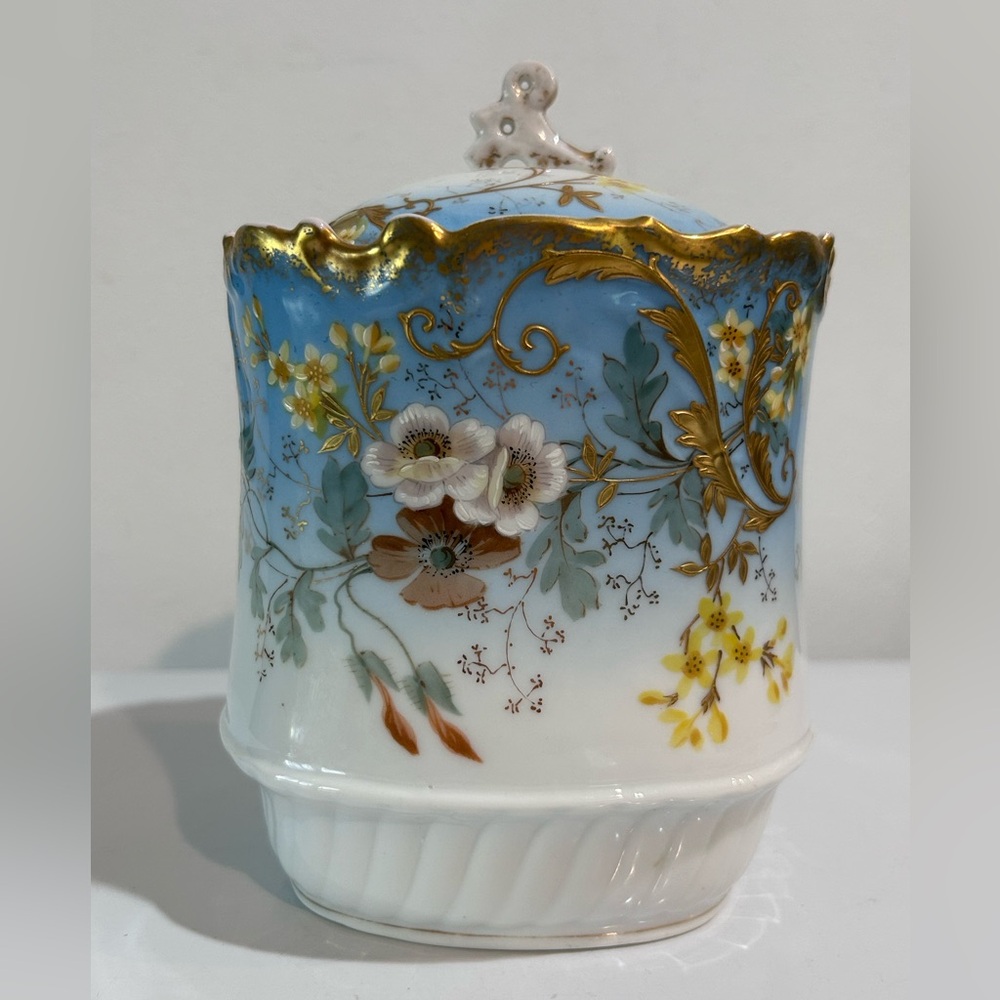 Antique Limoges France JMD Hand Painted Covered Biscuit Jar Blue & Gold Floral